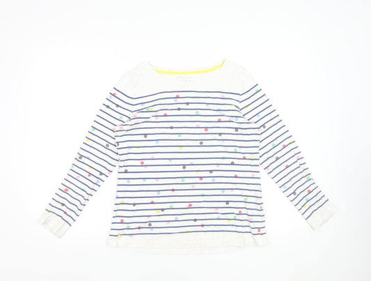 Joules Women White Striped Polka Dot Cotton Long Sleeve T-Shirt UK 10