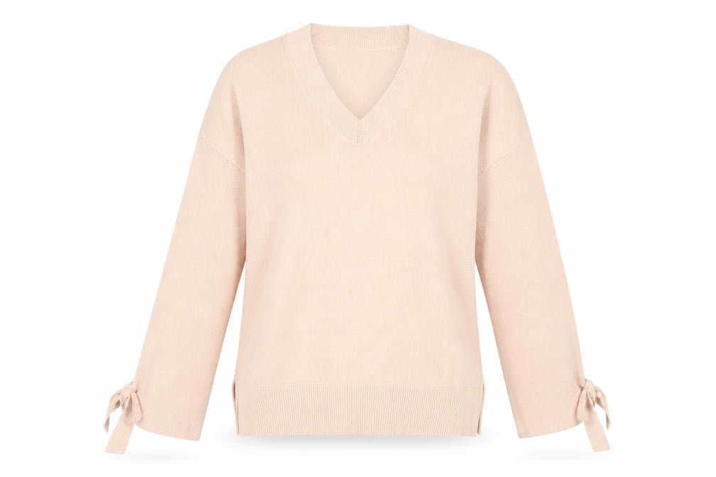 Marks and Spencer Women Beige V-Neck Bow Sleeve Knit Jumper Size 10 Petite