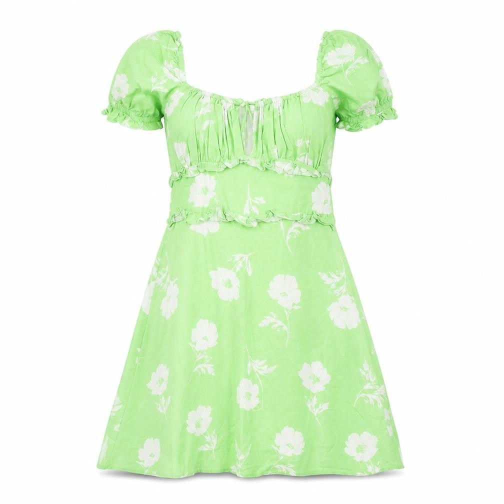 Front view of Miss Selfridge Women's Green Floral A-Line Puff Sleeve Dress, size 10