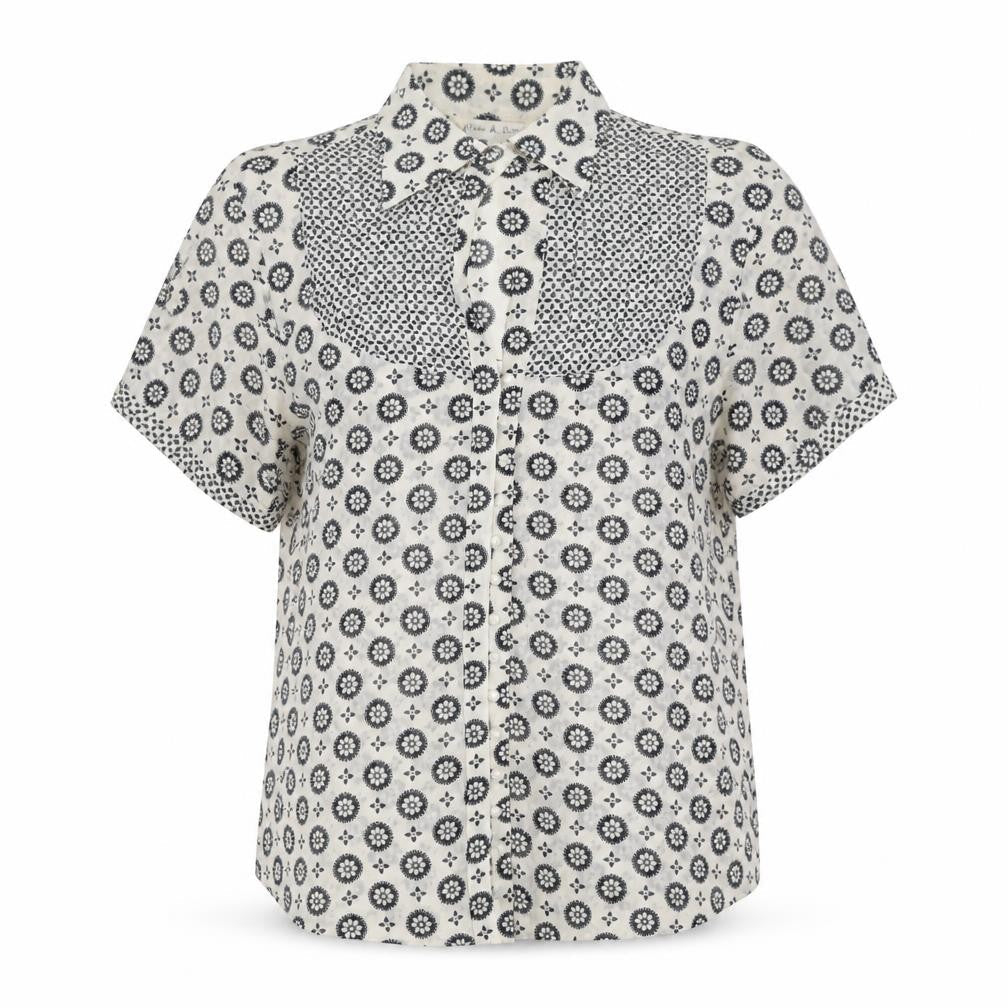 Yifan & Alessia Women’s White Floral Short Sleeve Button-Up Blouse XL