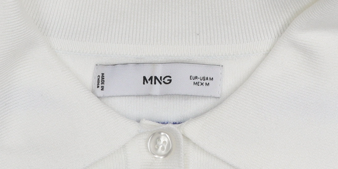 MNG Women's White Blue Striped Collared Henley Jumper Size M