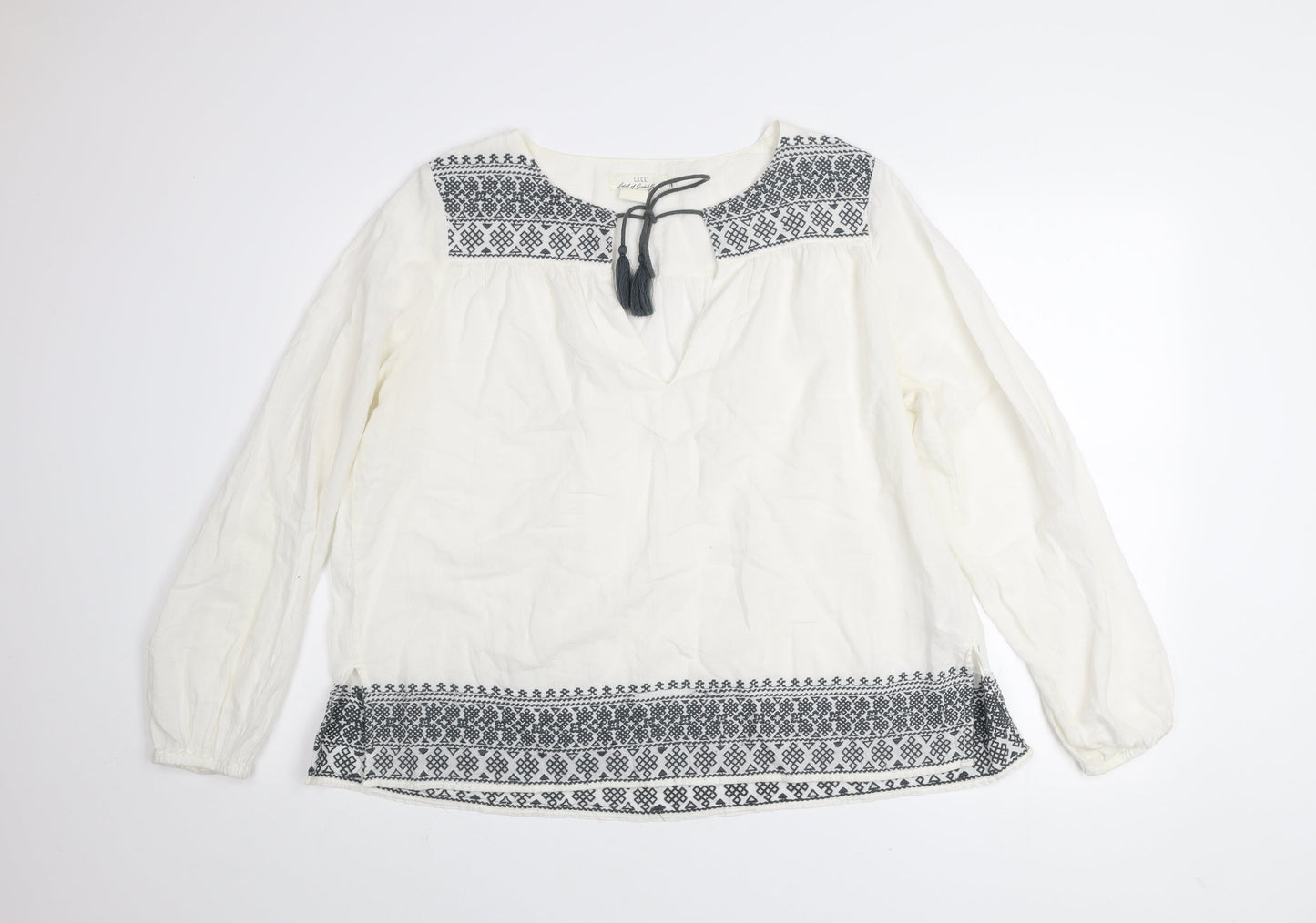 H&M L.O.G.G. Women White Embroidered Tunic Blouse Size 12
