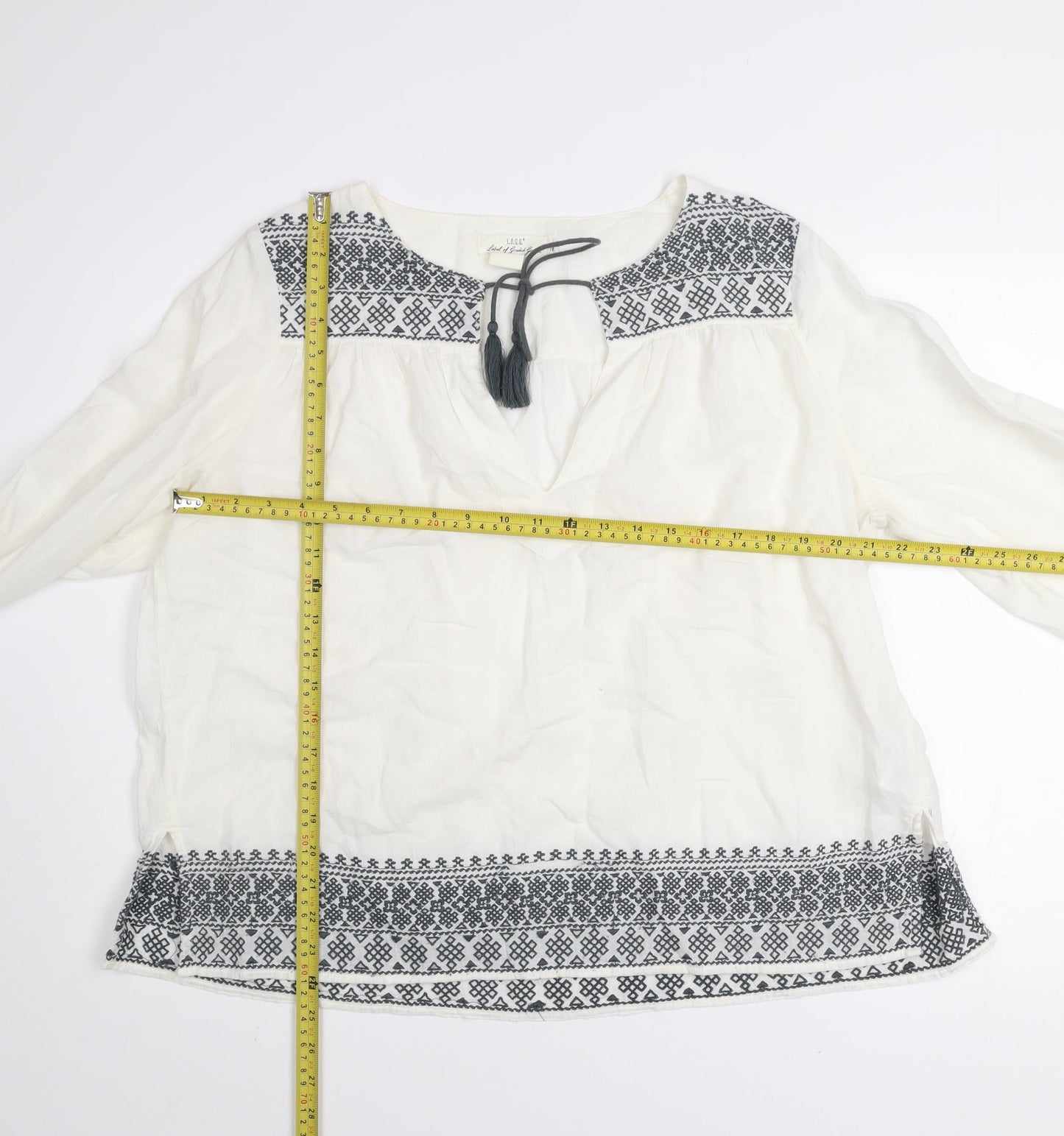 H&M L.O.G.G. Women White Embroidered Tunic Blouse Size 12