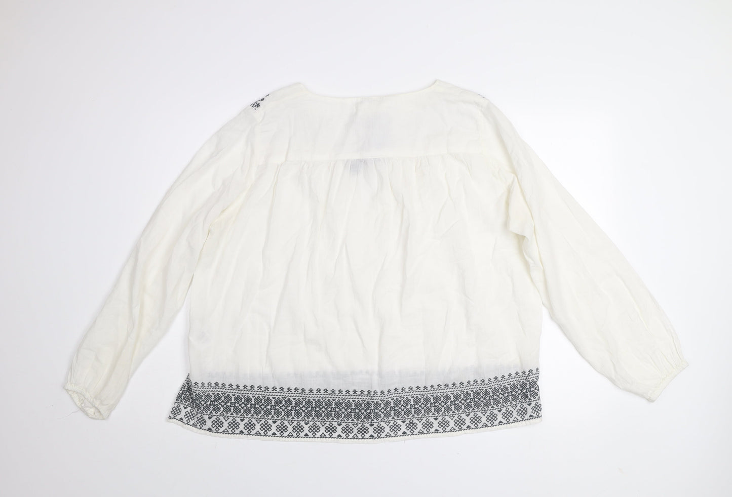 H&M L.O.G.G. Women White Embroidered Tunic Blouse Size 12
