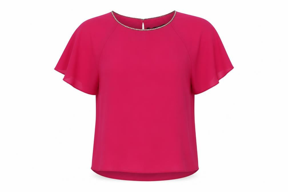 Dunnes Women’s Pink Beaded Neck Blouse Size 8 Flutter Sleeve