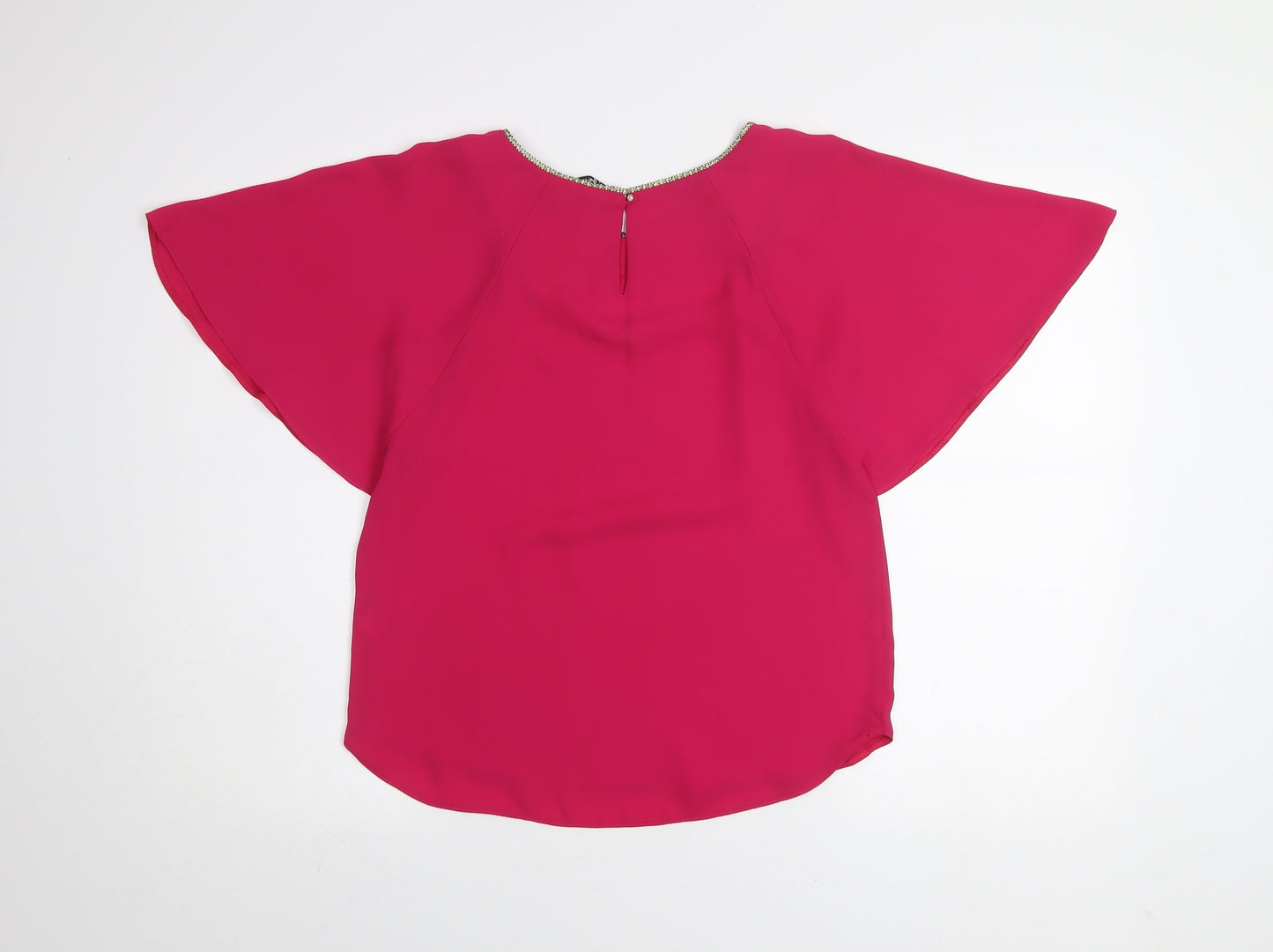 Dunnes Women’s Pink Beaded Neck Blouse Size 8 Flutter Sleeve