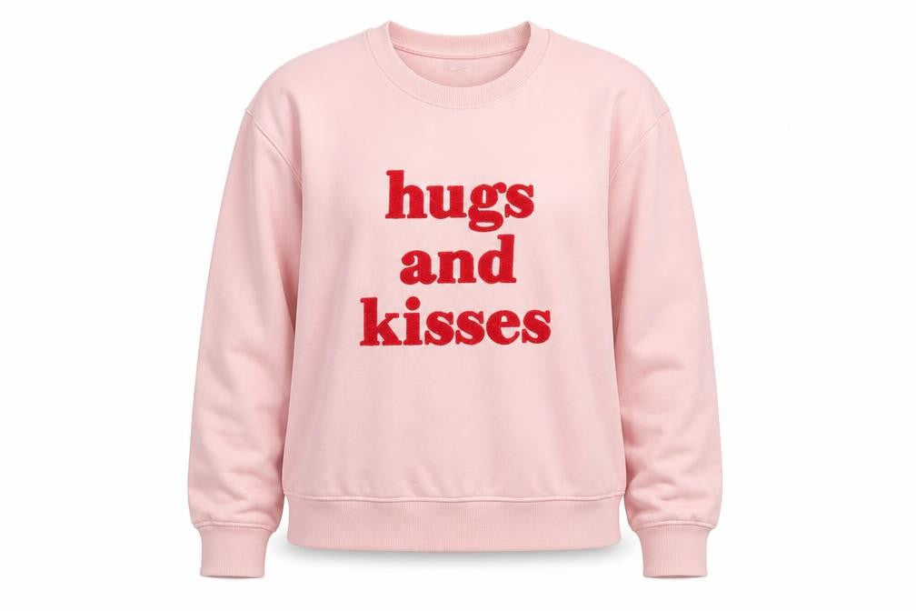 Front view of Beloved Woman Pink Pullover Sweatshirt L Hugs and Kisses Graphic