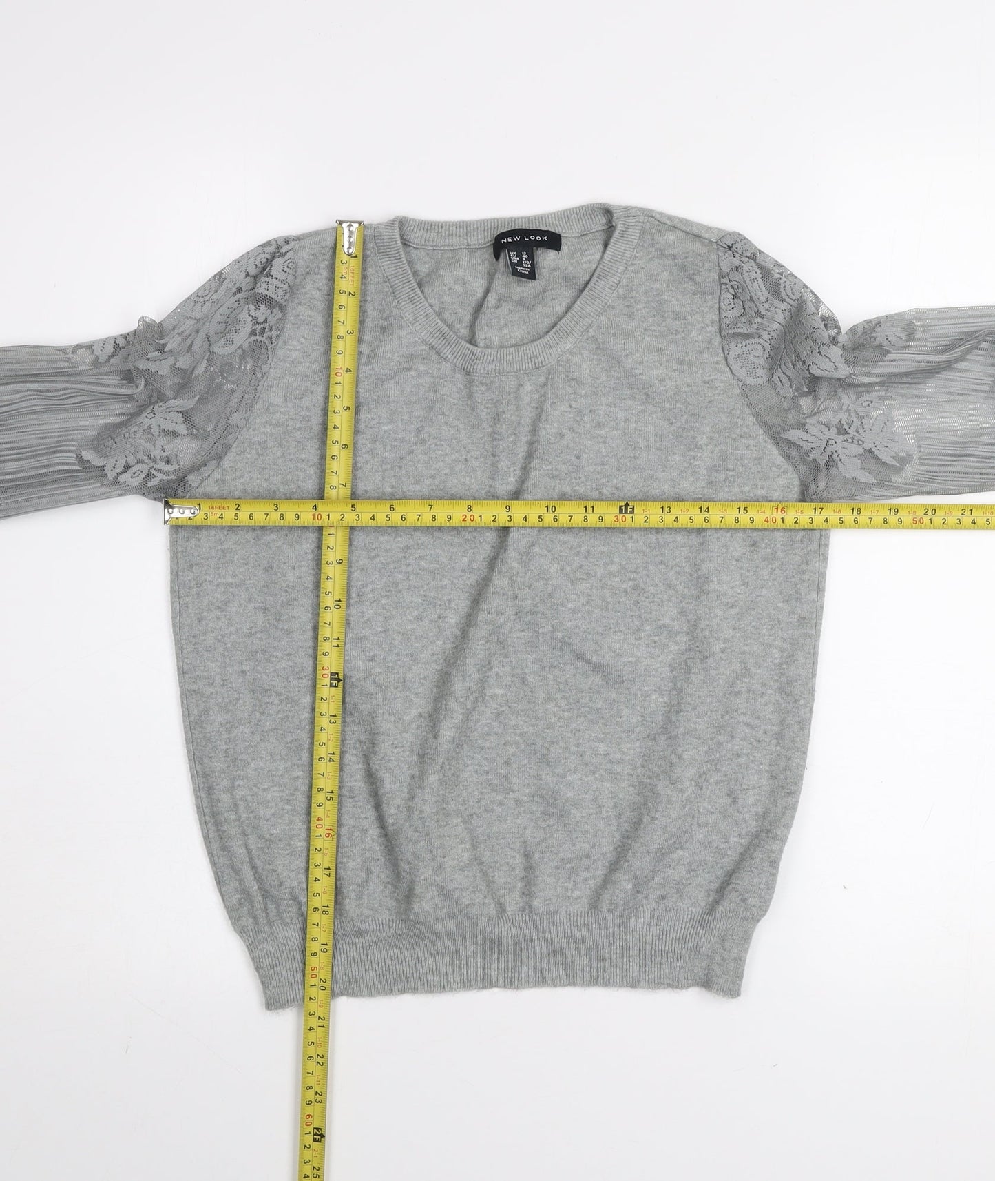 New Look Women Grey Lace Sleeve Pullover Jumper Size 12