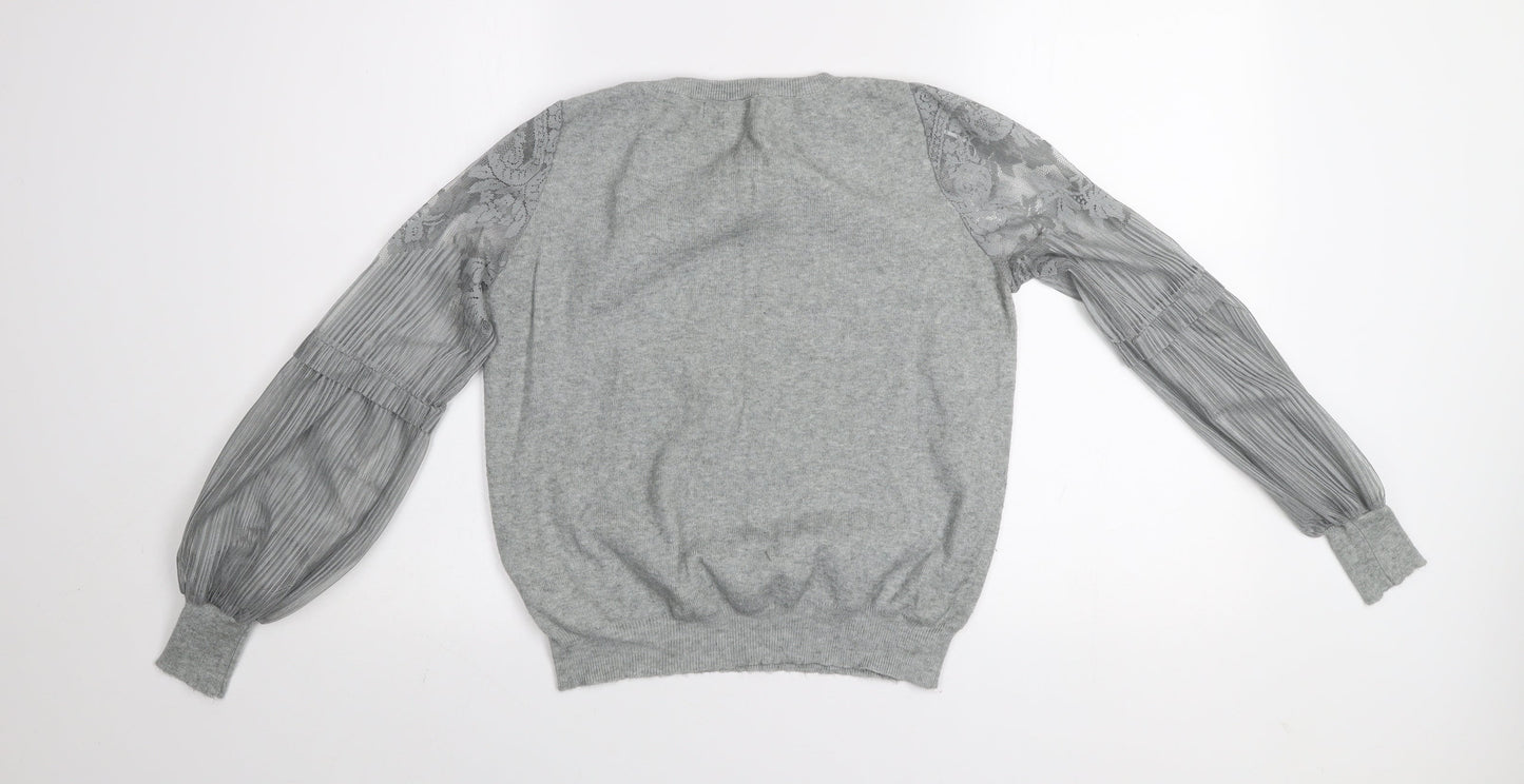 New Look Women Grey Lace Sleeve Pullover Jumper Size 12