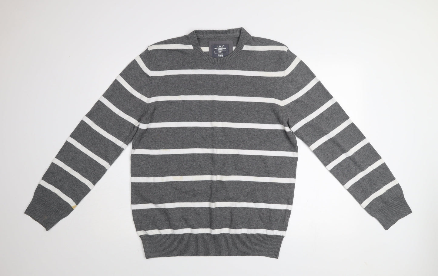 H&M L.O.G.G Men Grey Striped Cotton Crew Neck Jumper Size L