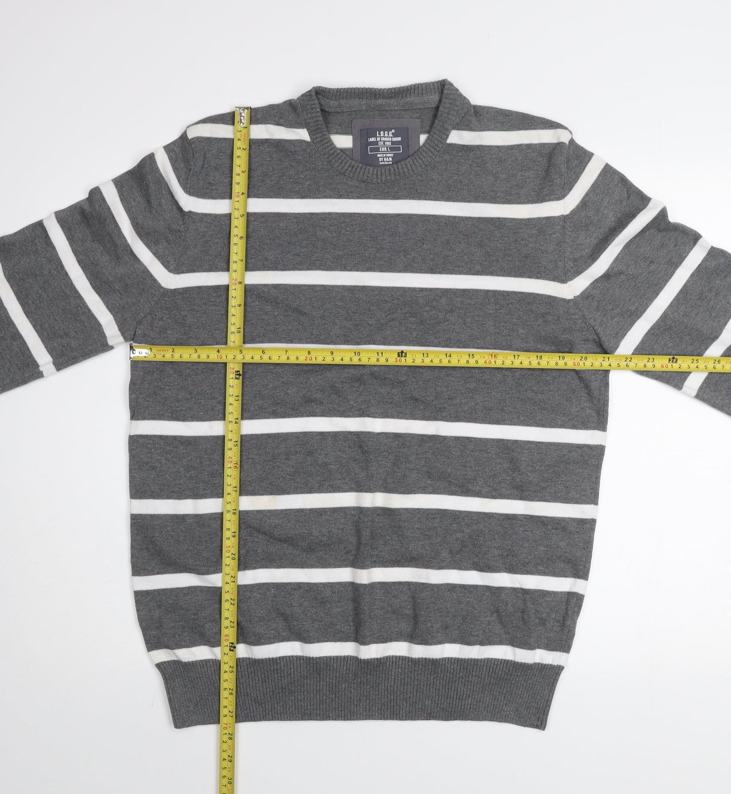 H&M L.O.G.G Men Grey Striped Cotton Crew Neck Jumper Size L