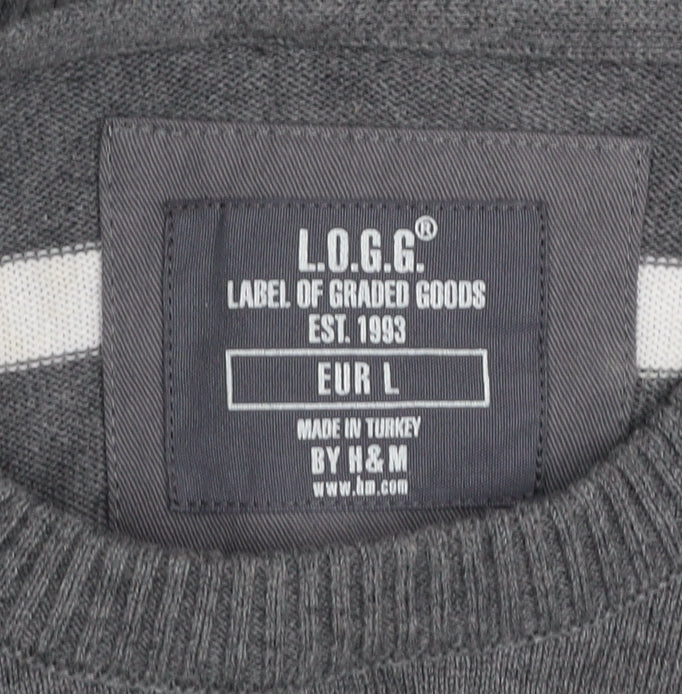 H&M L.O.G.G Men Grey Striped Cotton Crew Neck Jumper Size L