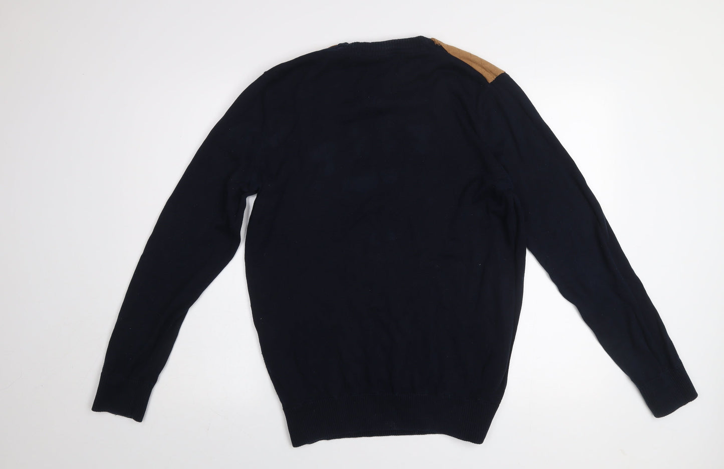 Reserved Men's Navy Blue Cotton Crew Neck Quilted Shoulder Jumper L