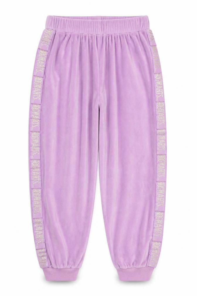 Front view of Marks & Spencer girls’ purple harry potter hogwarts velour jogger trousers 11-12 years
