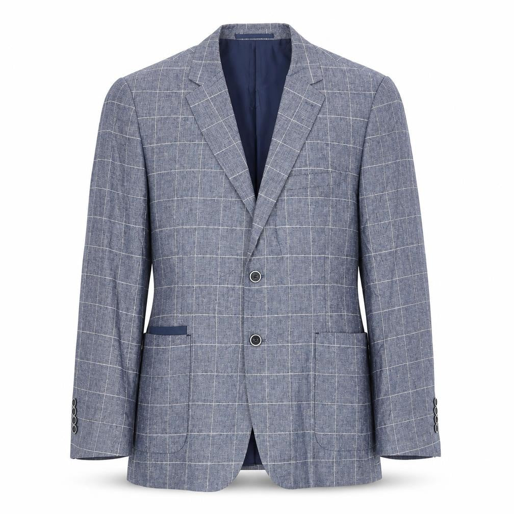 Broadstone Bros Men's Blue Check Blazer 40R Tailored Fit Linen Blend