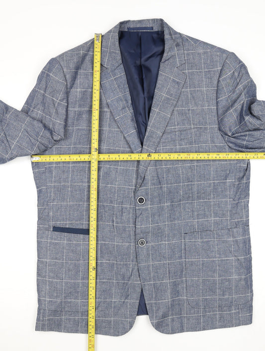 Broadstone Bros Men's Blue Check Blazer 40R Tailored Fit Linen Blend