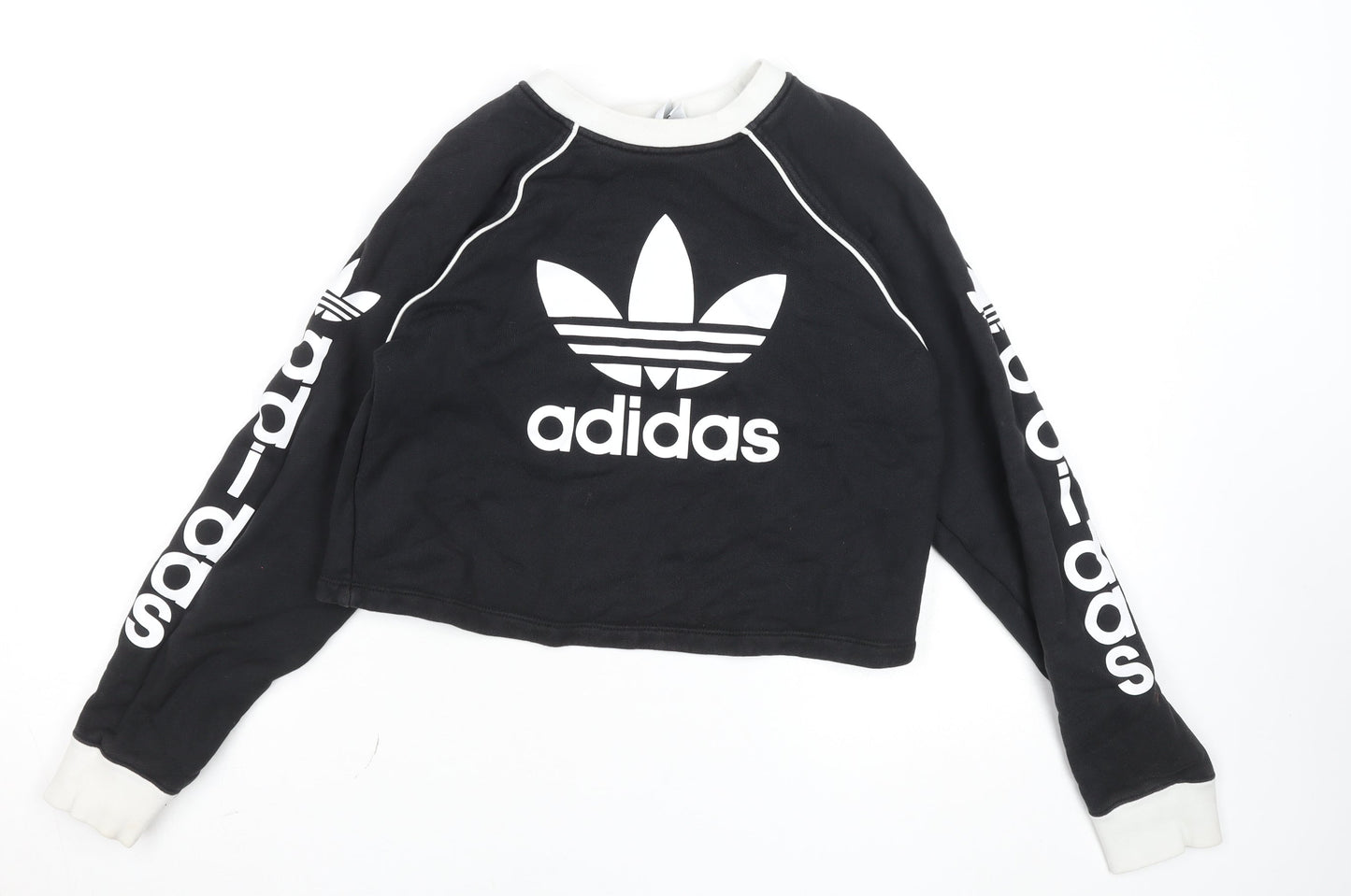 Adidas Womens Black Crop Pullover Sweatshirt UK 4 Cotton Logo Long Sleeve