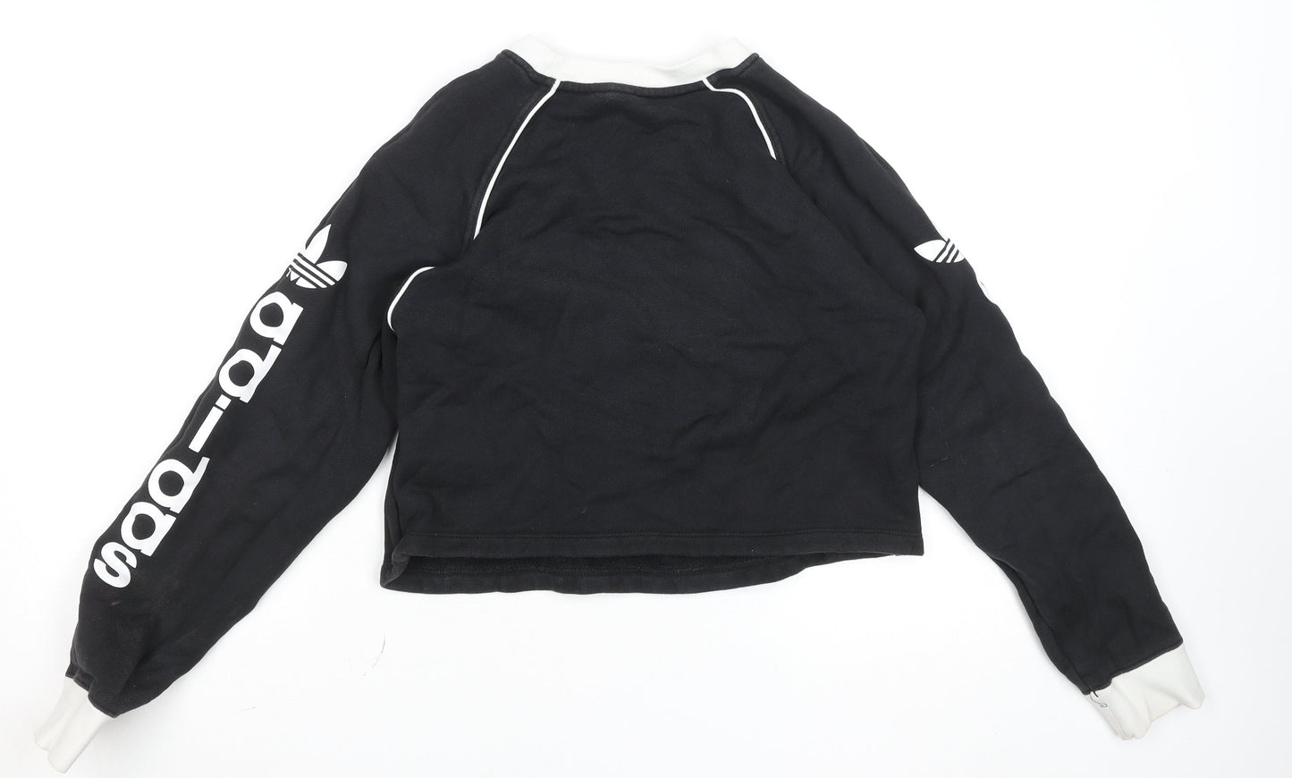 Adidas Womens Black Crop Pullover Sweatshirt UK 4 Cotton Logo Long Sleeve