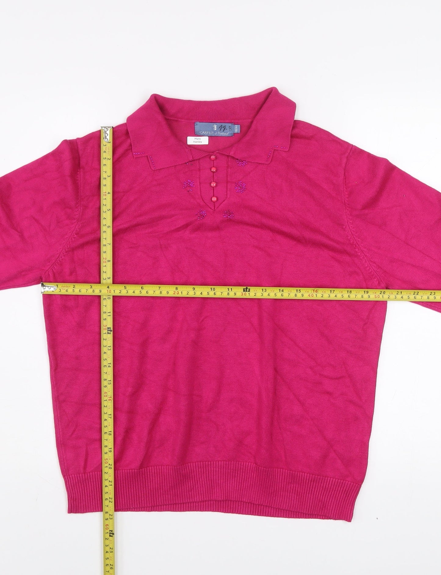 Castle of Ireland Womens Pink Collared Beaded Pullover Jumper Size 18
