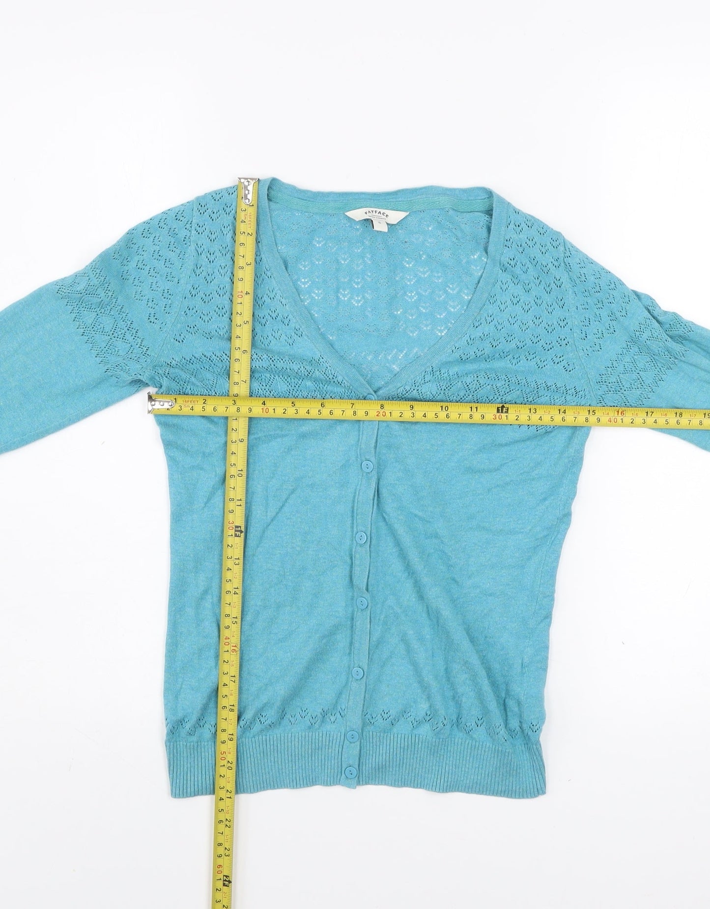 FatFace Women's Blue Size 8 Cotton V-Neck 3/4 Sleeve Cardigan