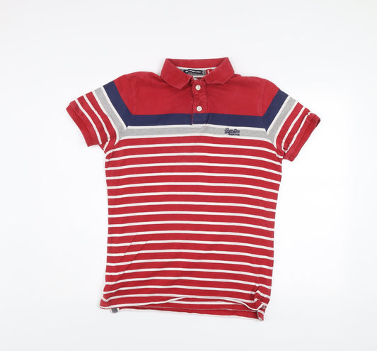 Superdry Men's Red Striped Polo Shirt Size L 100% Cotton Casual