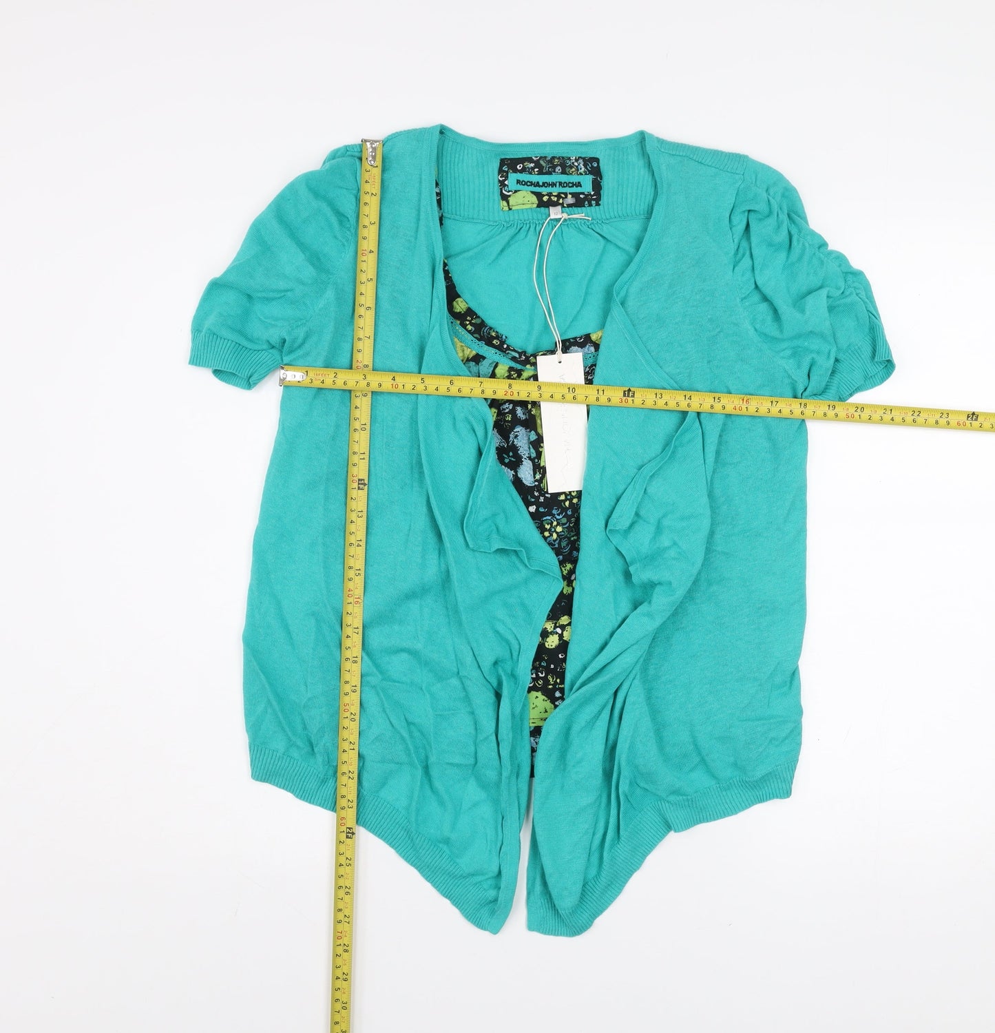 Rocha John Rocha Women's Green Short Sleeve Open Knit Cardigan Size 12