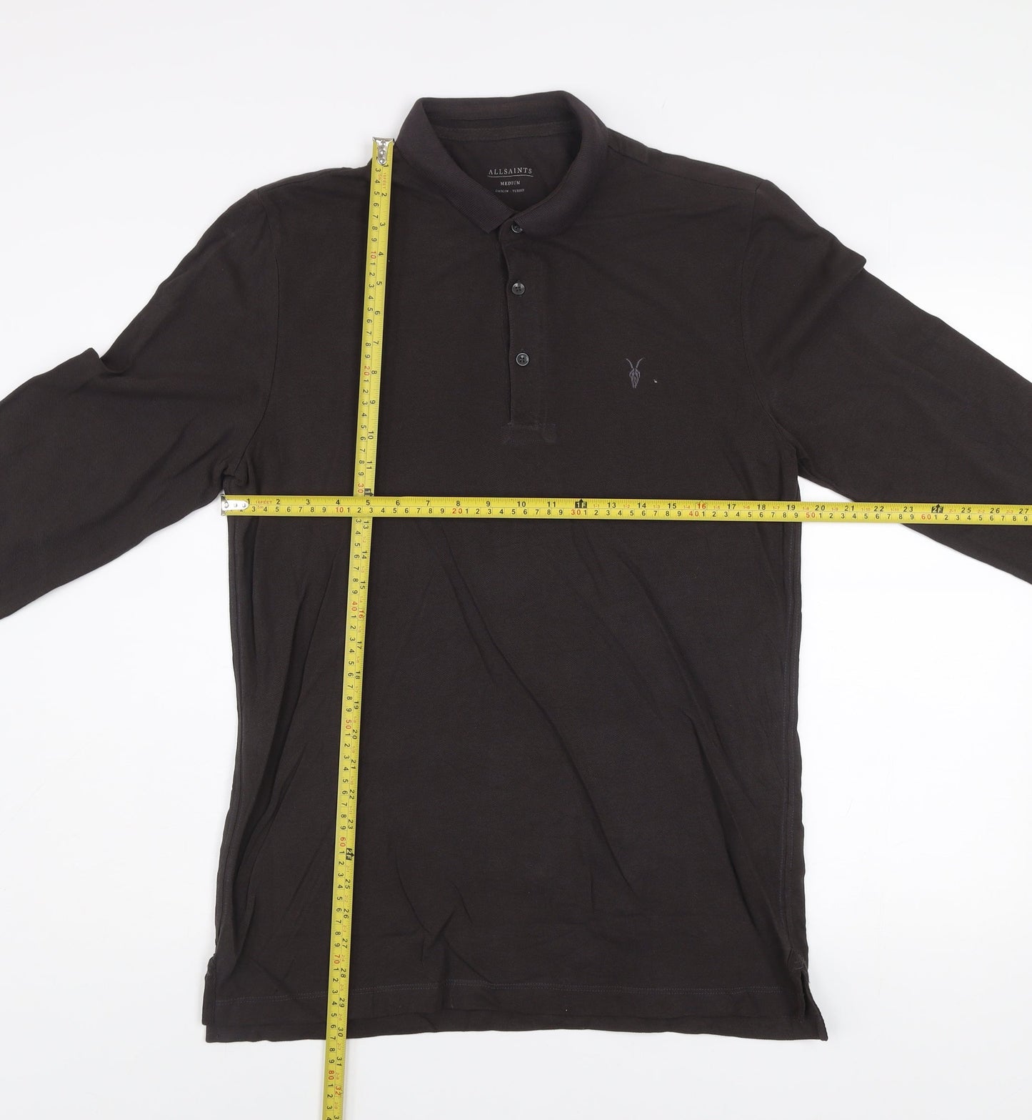 AllSaints Men's Black Long Sleeve Cotton Polo Shirt Medium