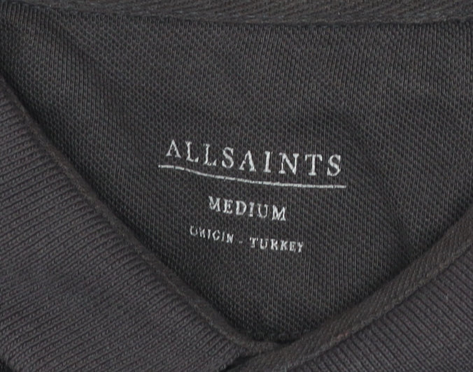 AllSaints Men's Black Long Sleeve Cotton Polo Shirt Medium