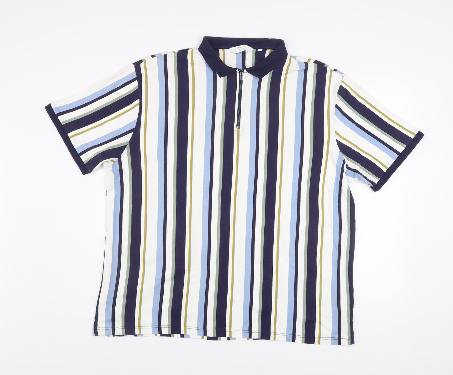 Next Men's Blue Striped Short Sleeve Slim Fit Zip Polo Shirt 3XL