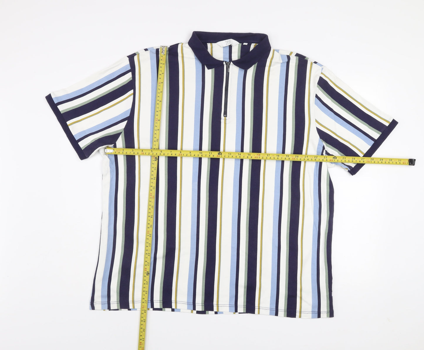 Next Men's Blue Striped Short Sleeve Slim Fit Zip Polo Shirt 3XL
