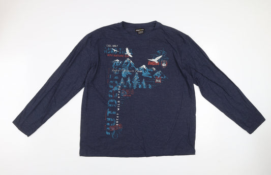 Atlas For Men Navy Blue Long Sleeve Graphic Cotton Blend T-Shirt XL