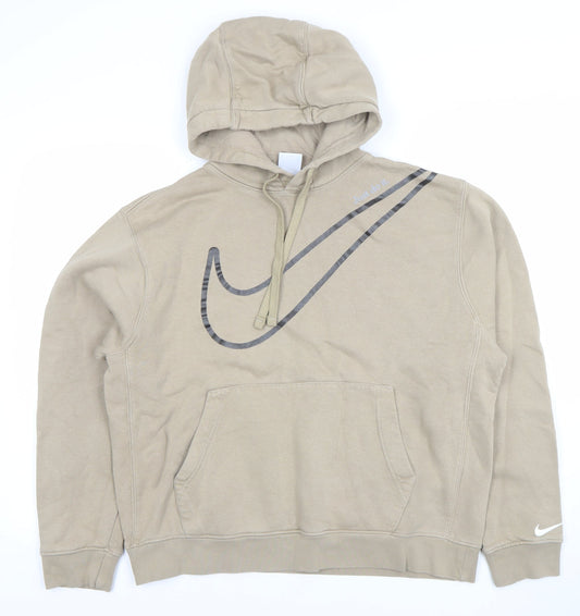 Nike Womens Beige Pullover Hoodie M Logo Print Cotton Blend