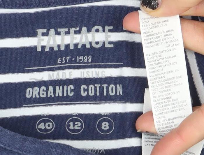 FatFace Women Blue Striped Long Sleeve Cotton T-Shirt Size 12