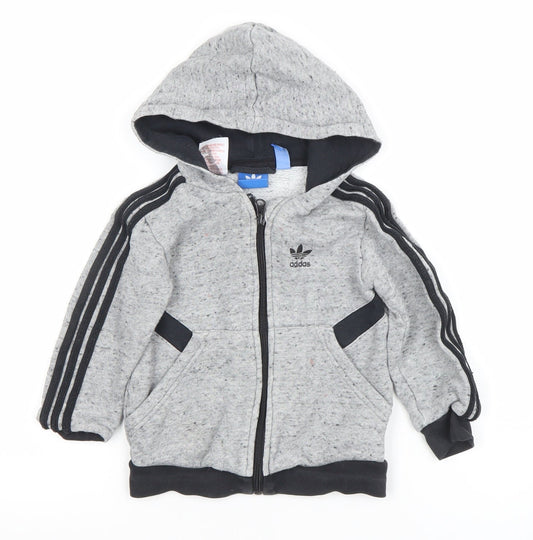 Adidas Boys Grey Full Zip Hoodie 3-4 Years Cotton Blend Logo Design