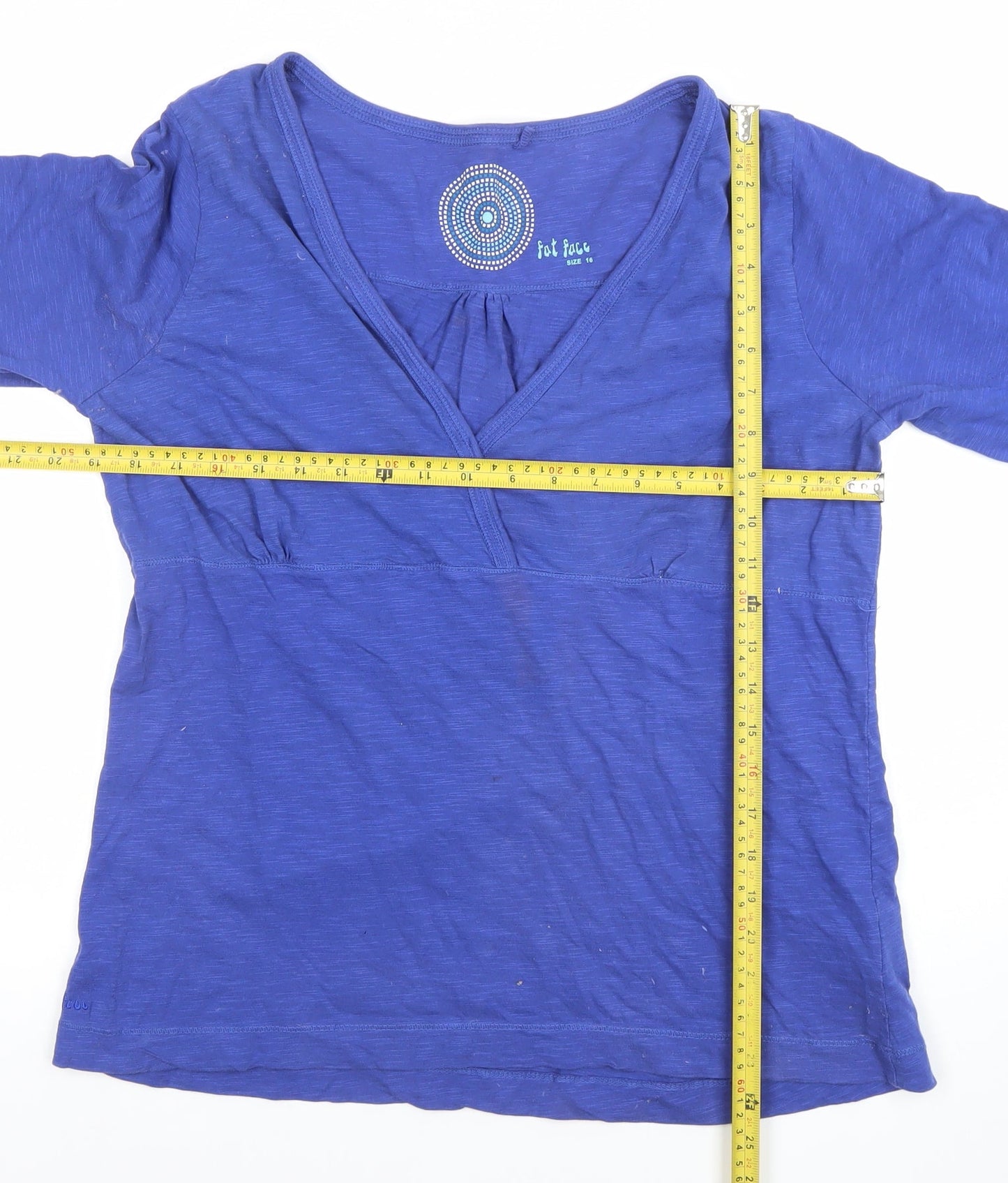 Fat Face Women’s Blue 3/4 Sleeve V-Neck Jersey Cotton Top Size 16