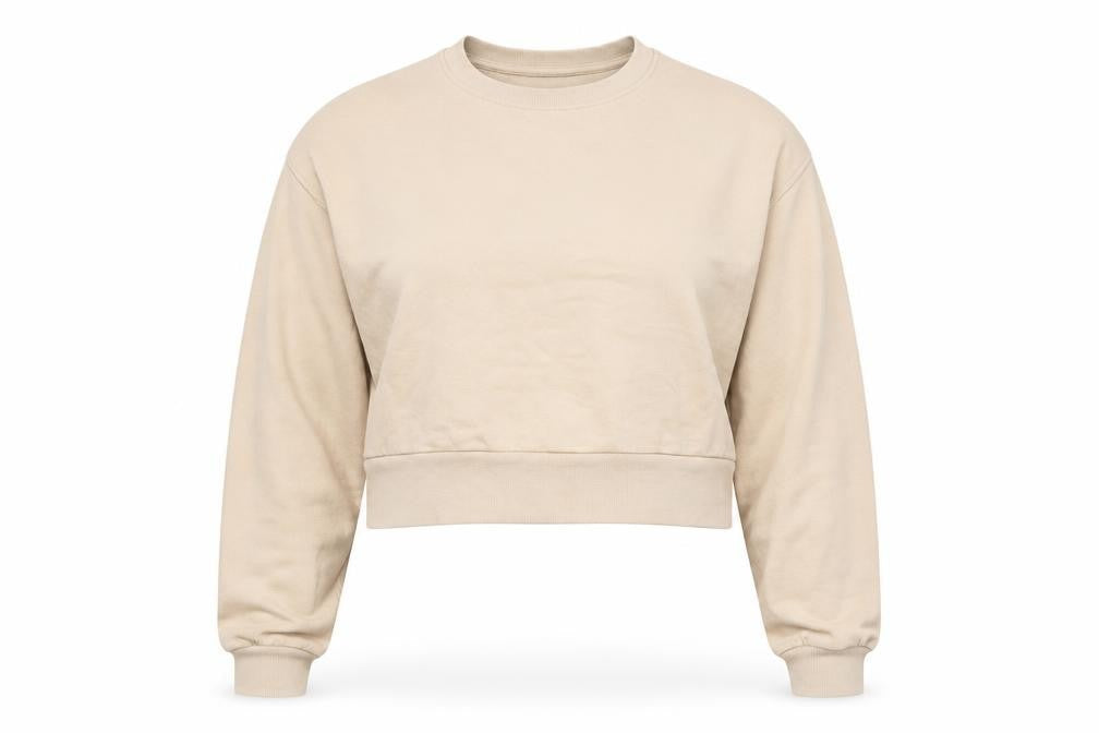 Bershka Women Beige Crop Pullover Sweatshirt Size 6 Crew Neck
