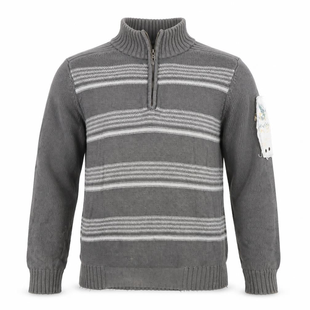 4 YOU JNS Men’s Grey Striped 1/4 Zip High Neck Cotton Jumper Size M