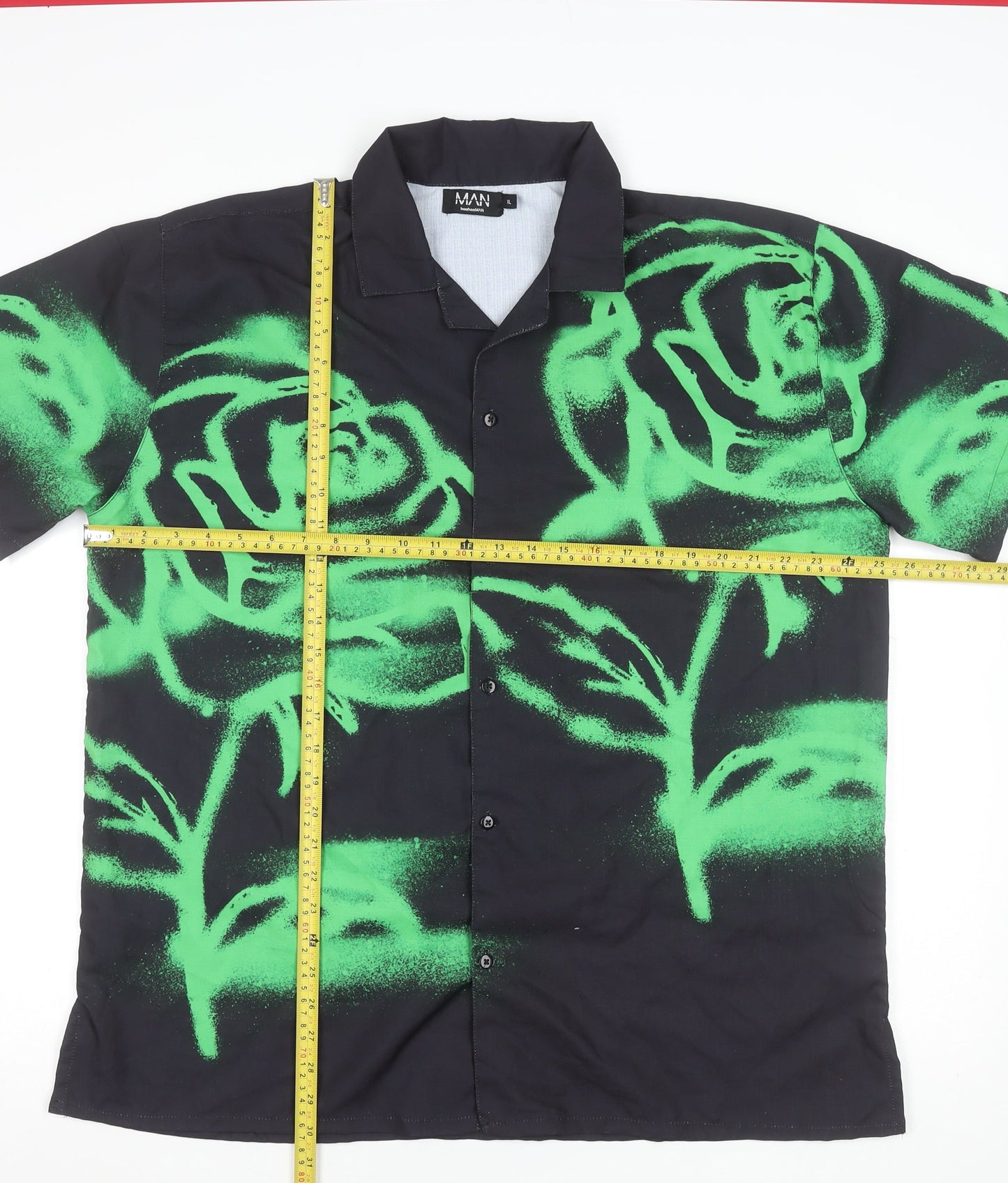 BoohooMAN Men's Black Green Rose Print Button-Up Shirt XL