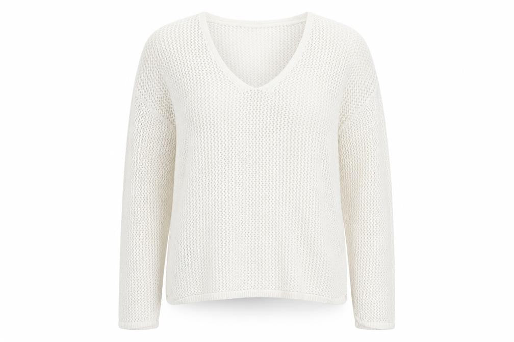 MNG Women's White Cotton Open-Knit V-Neck Jumper Size S