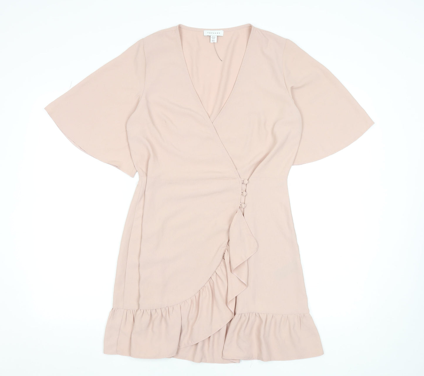 Topshop Women Beige Size 12 Wrap Short Dress Ruffle Hem