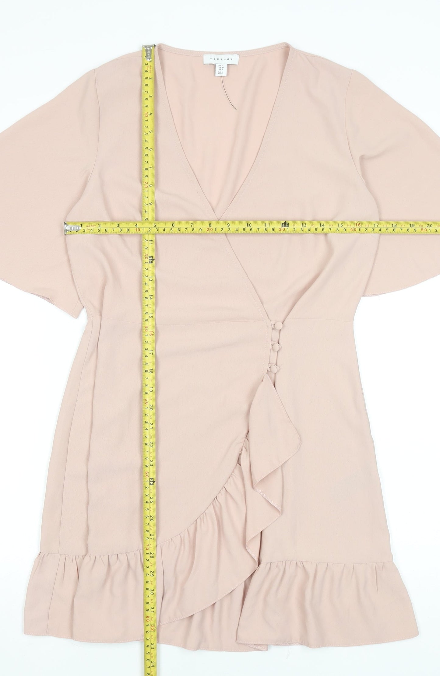 Topshop Women Beige Size 12 Wrap Short Dress Ruffle Hem