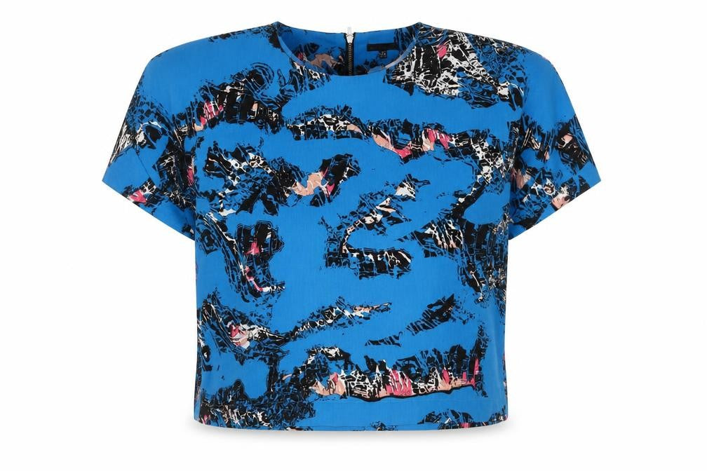 Warehouse Women's Blue Abstract Woven Blouse UK 12 Short Sleeve