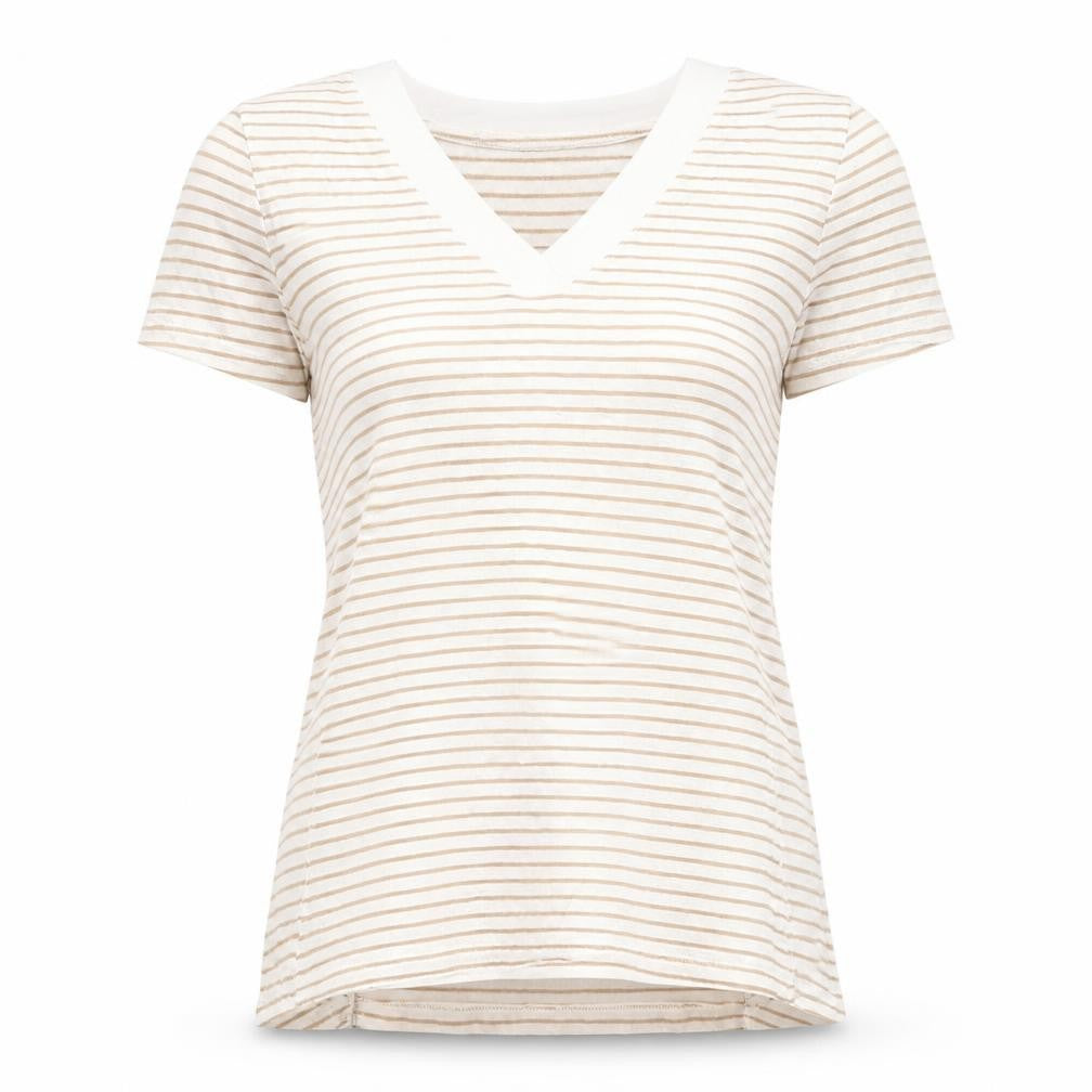 Gallery Women Beige Striped V-Neck Short Sleeve T-Shirt Size 14