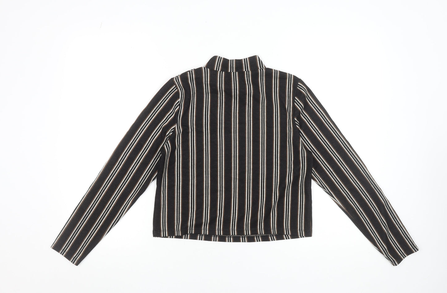 River Island Petite Women's Black Striped Mock Neck Cropped Blouse Size 12