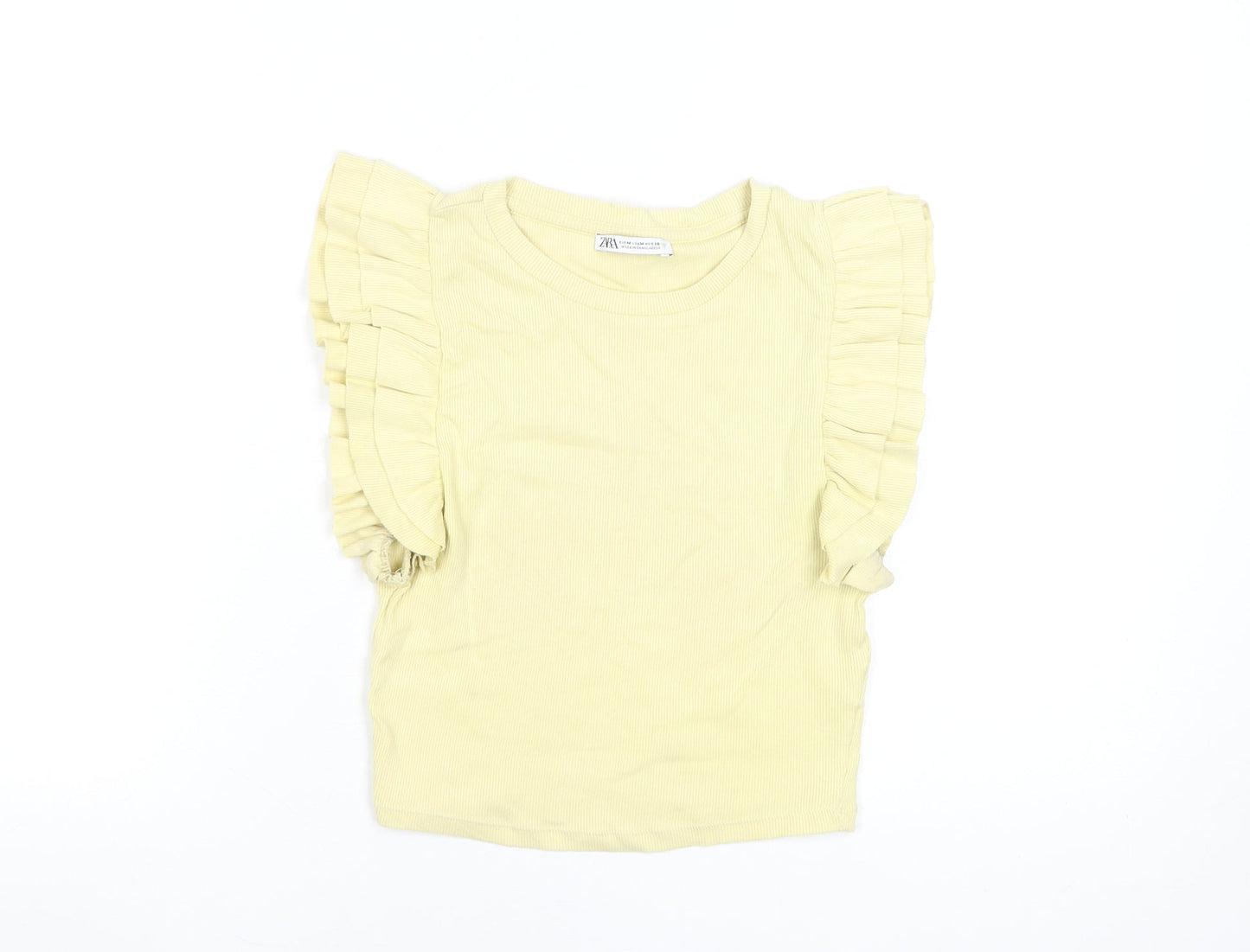Zara Women Yellow Cropped Ruffle Sleeveless Cotton T-Shirt M