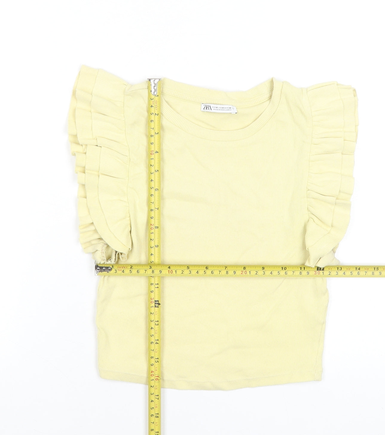 Zara Women Yellow Cropped Ruffle Sleeveless Cotton T-Shirt M
