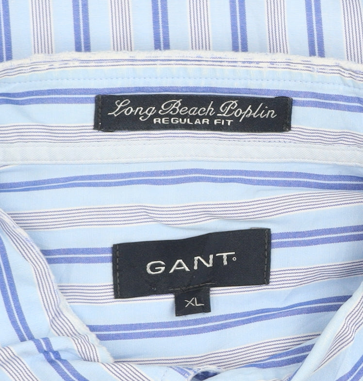 GANT Men's Blue Striped Long Sleeve Regular Fit Cotton Shirt XL