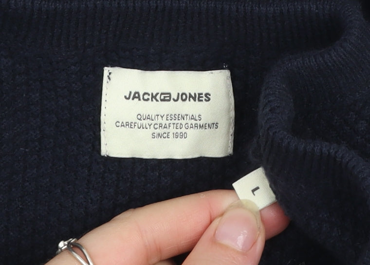 Jack & Jones Men’s Blue Cotton Waffle Knit Crew Neck Jumper Size L