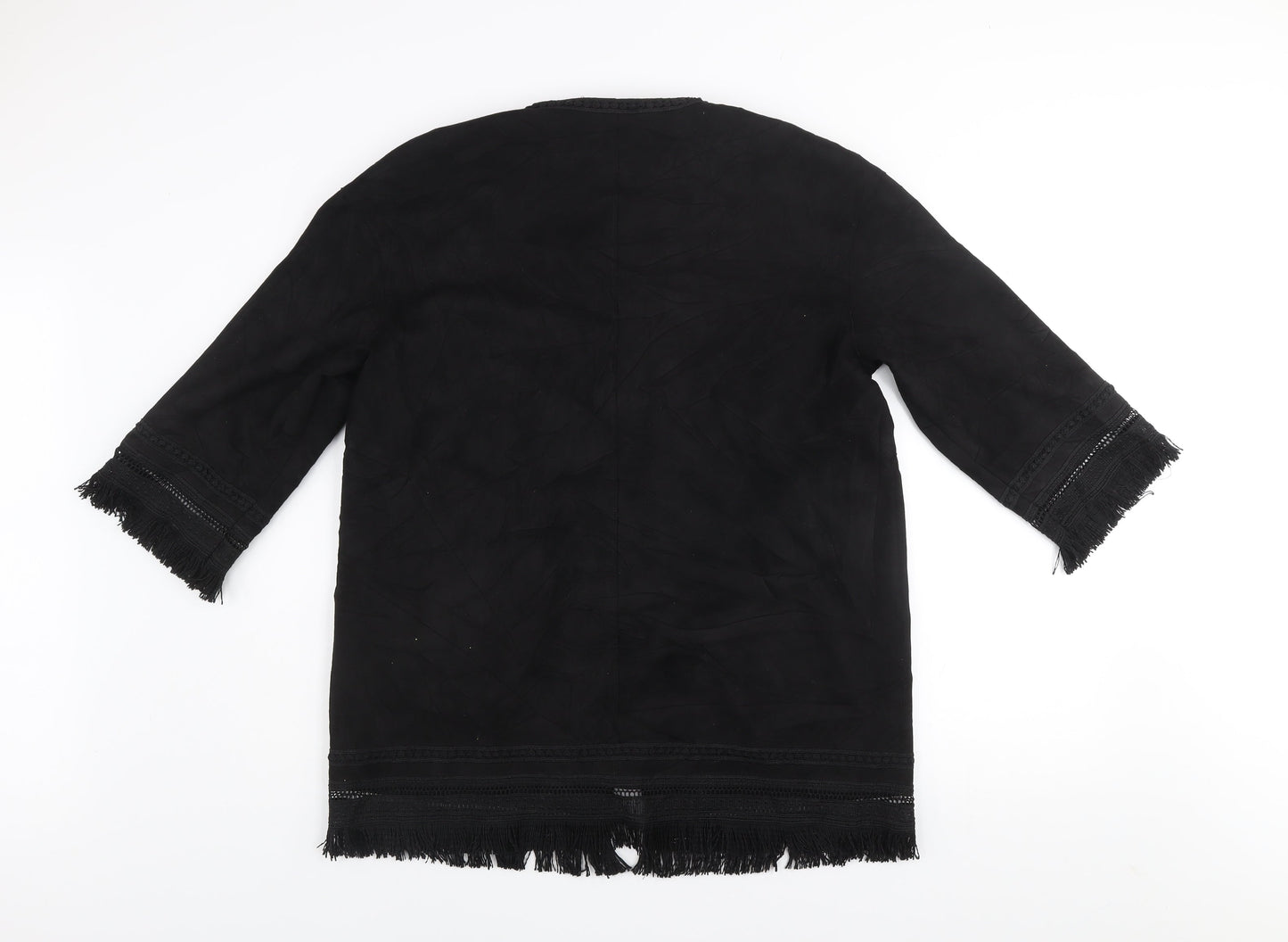 Zara Women Black XS Suede Effect Mid-Length Fringe Open Coat