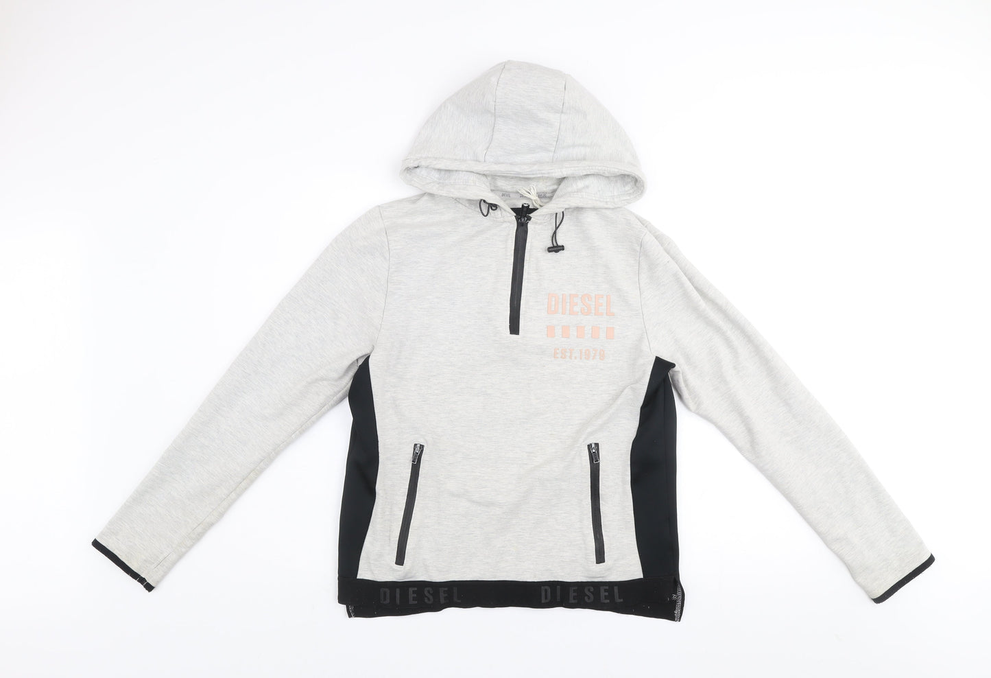 Diesel Women Grey Hoodie Large 1/4 Zip Lined Cotton Blend Hooded Sweatshirt